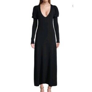 REBECCA TAYLOR Ribbed Knit V-Neck Puff Sleeves Midi Dress Stretch Black Size S